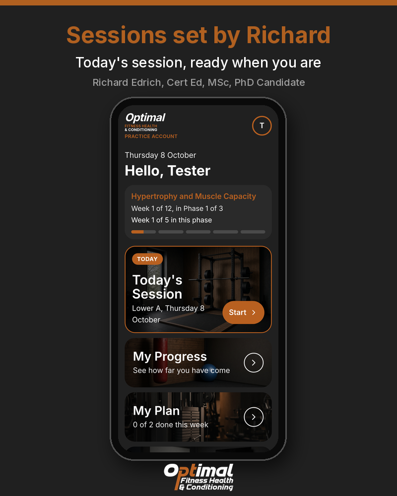 Phone showing today's session in the Optimal client app