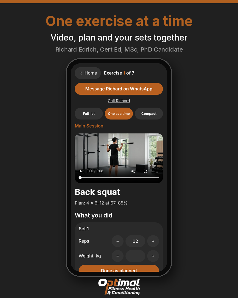 Phone showing one exercise with a video and set logging