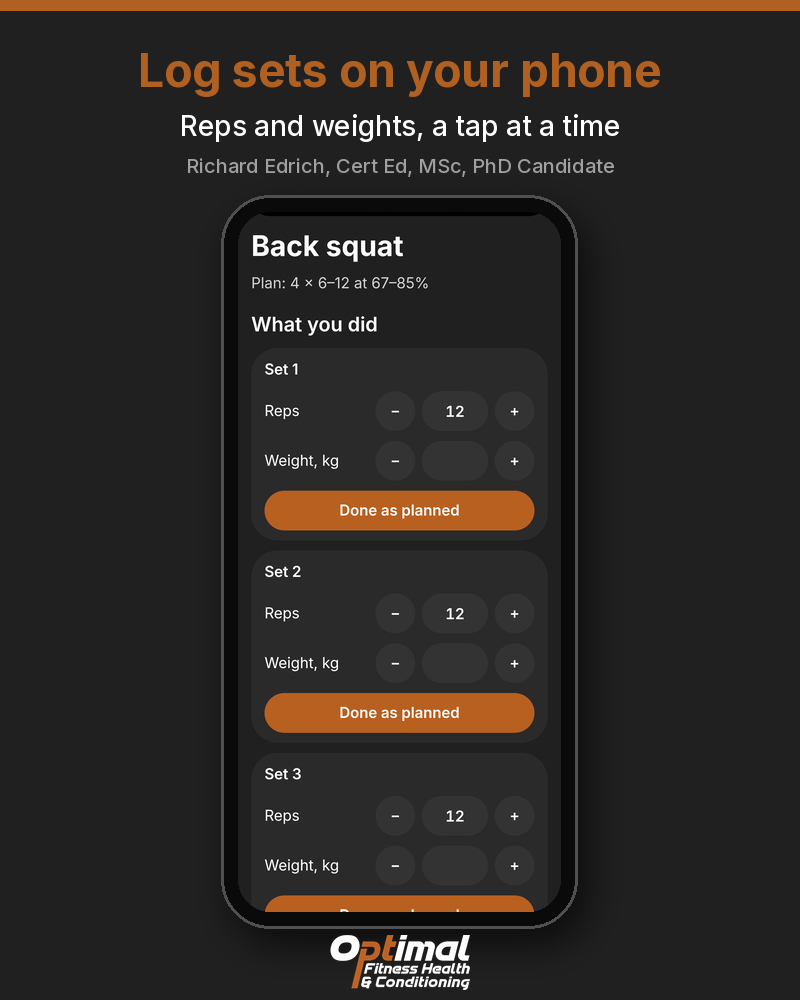 Phone showing set logging for a back squat